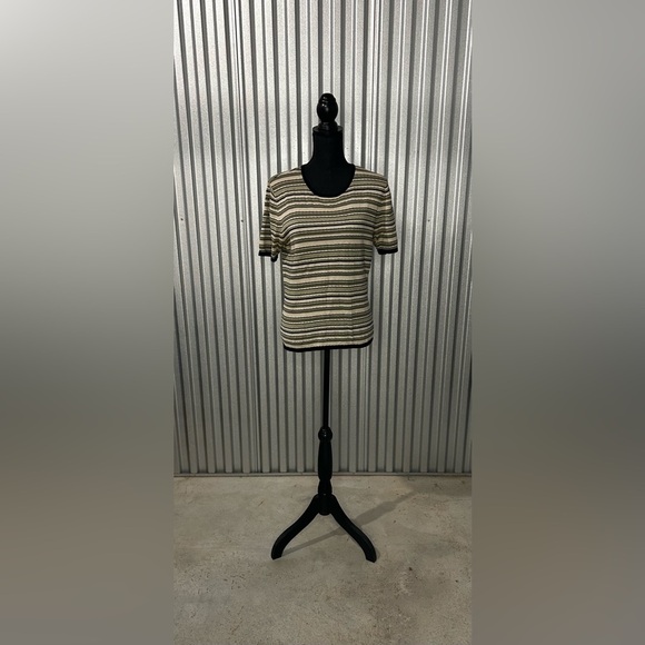 Women’s Geoffrey Beene Green Beige Stripe Silk Blend Short Sleeve Top Size Large - Picture 1 of 5